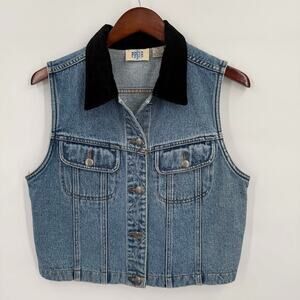 Vintage PASTA Denim Vest Womens Medium Blue Jean Black Velvet Collar Western 90s